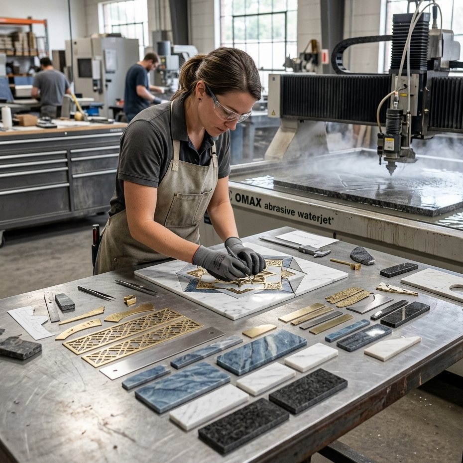 Custom Water Jet Cutting for Logos, Emblems, and Branded Flooring Inlays